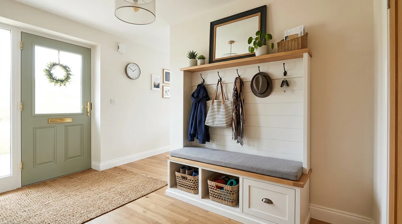 Classic compact entry with checkerboard floor and narrow console