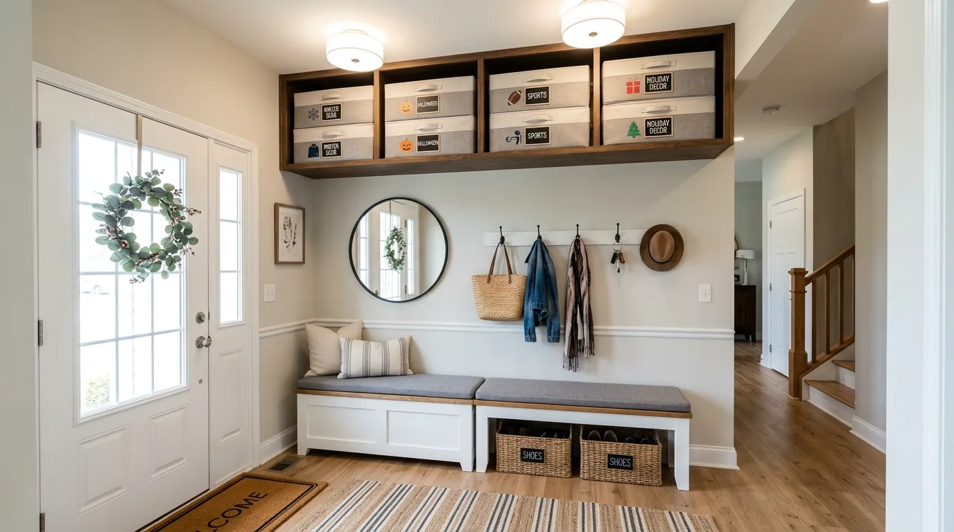 Light airy entry with pale wood table