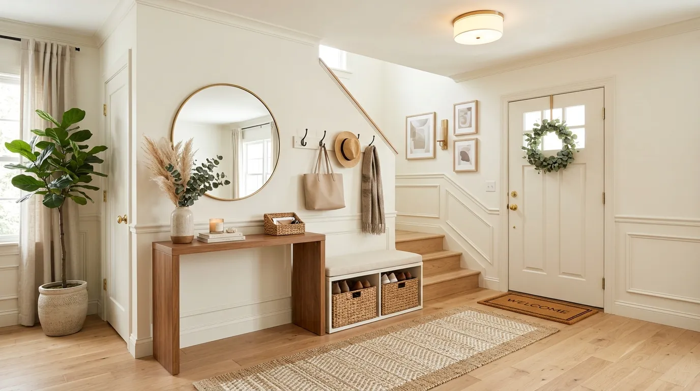 Cinematic small entryway with layered organization