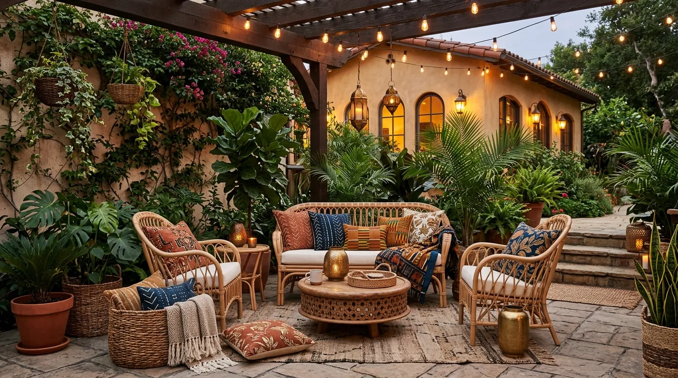 Cinematic Afrobohemian interior with layered craft