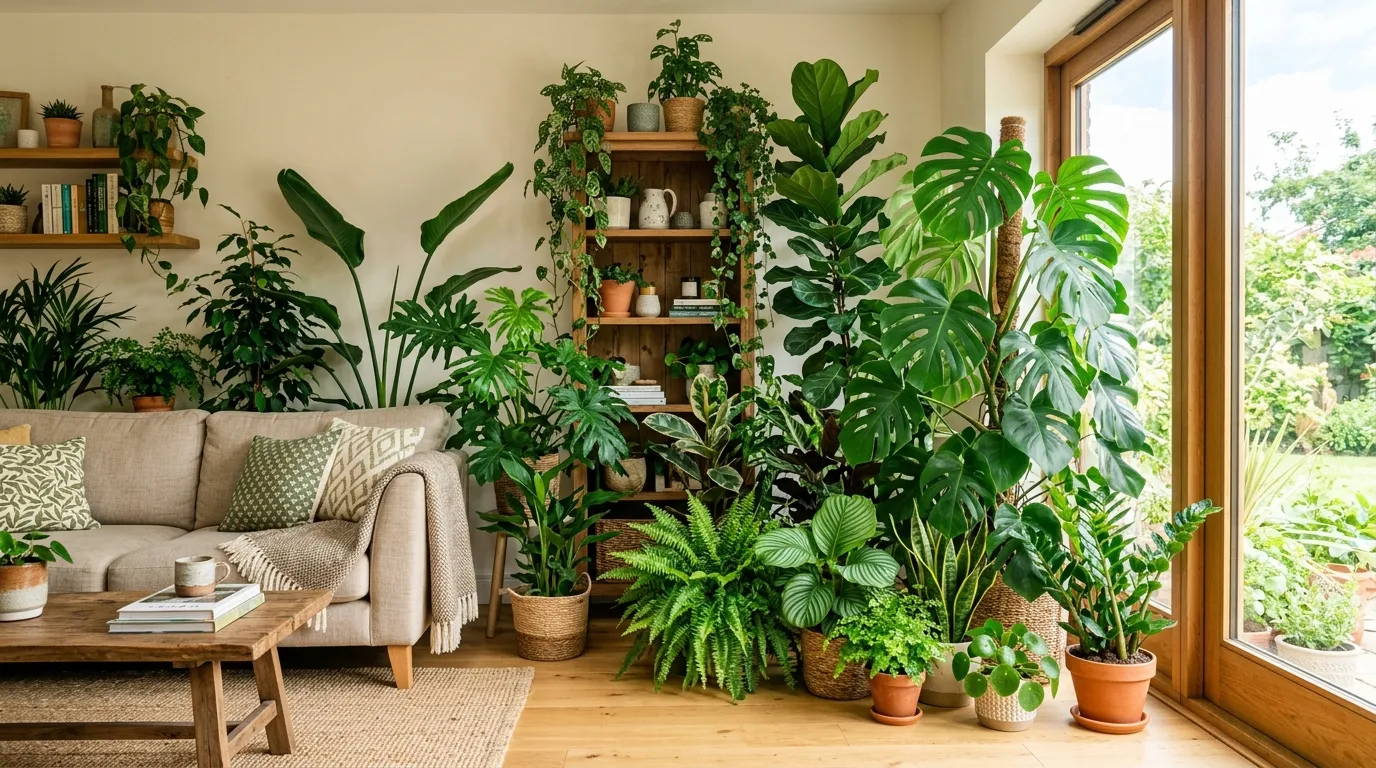 Bird of paradise in sunny bedroom corner with pale bedding and oak bench