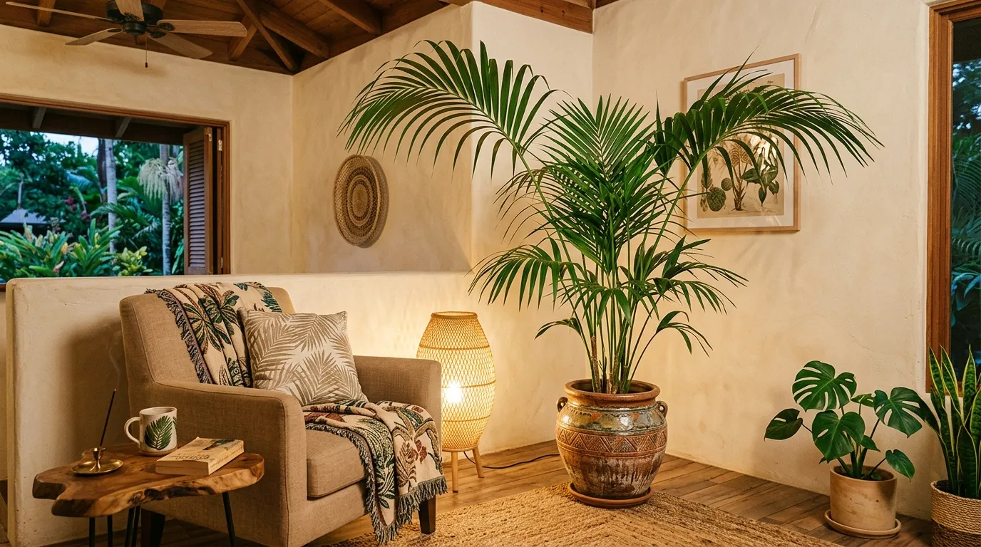 Cluster of indoor palms in sunroom with woven baskets and neutral seating