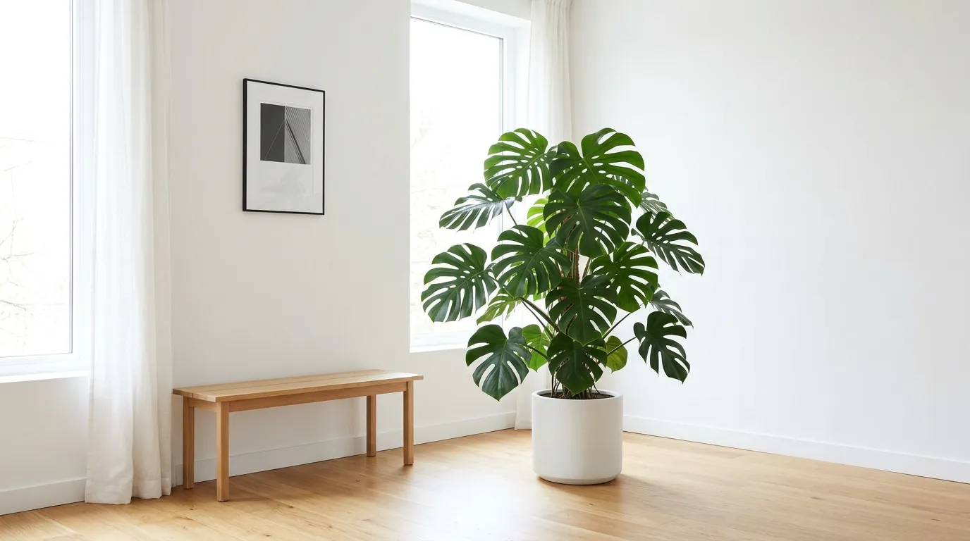 Rubber tree beside fireplace against plaster wall