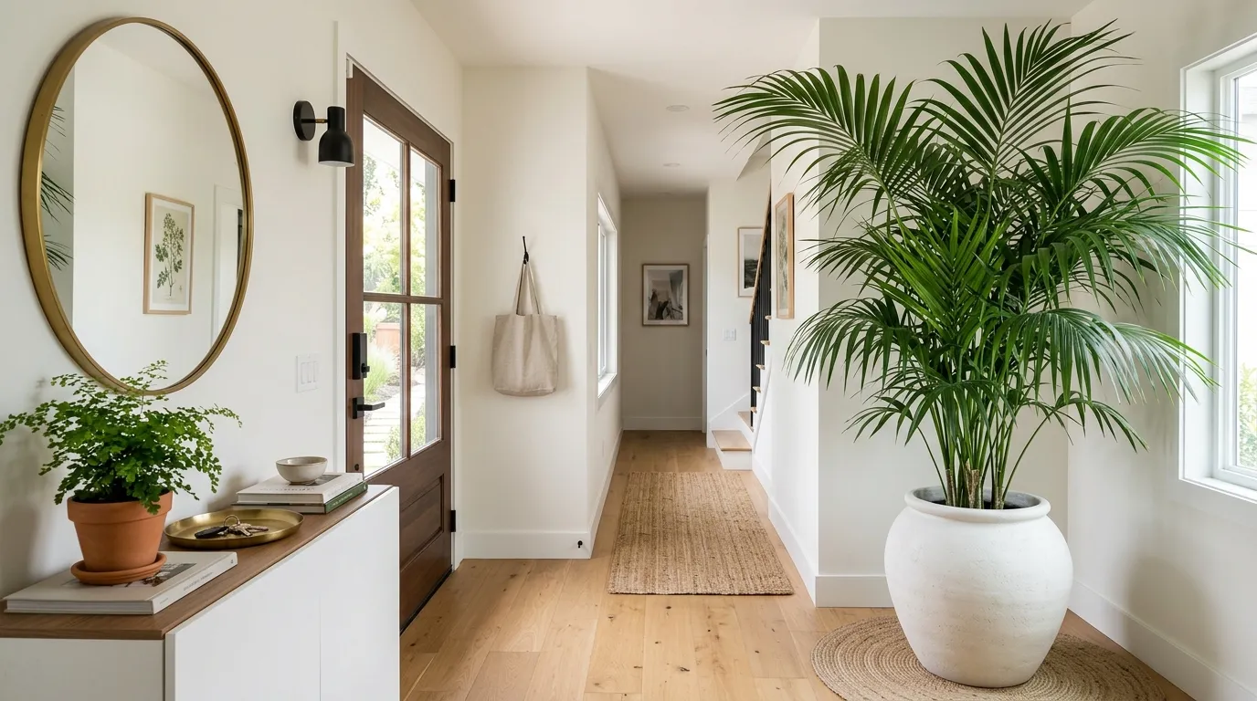 Oversized snake plant beside media console in ribbed planter