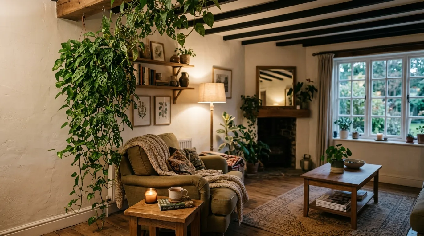 Split-leaf philodendron filling empty corner with warm wood tones nearby