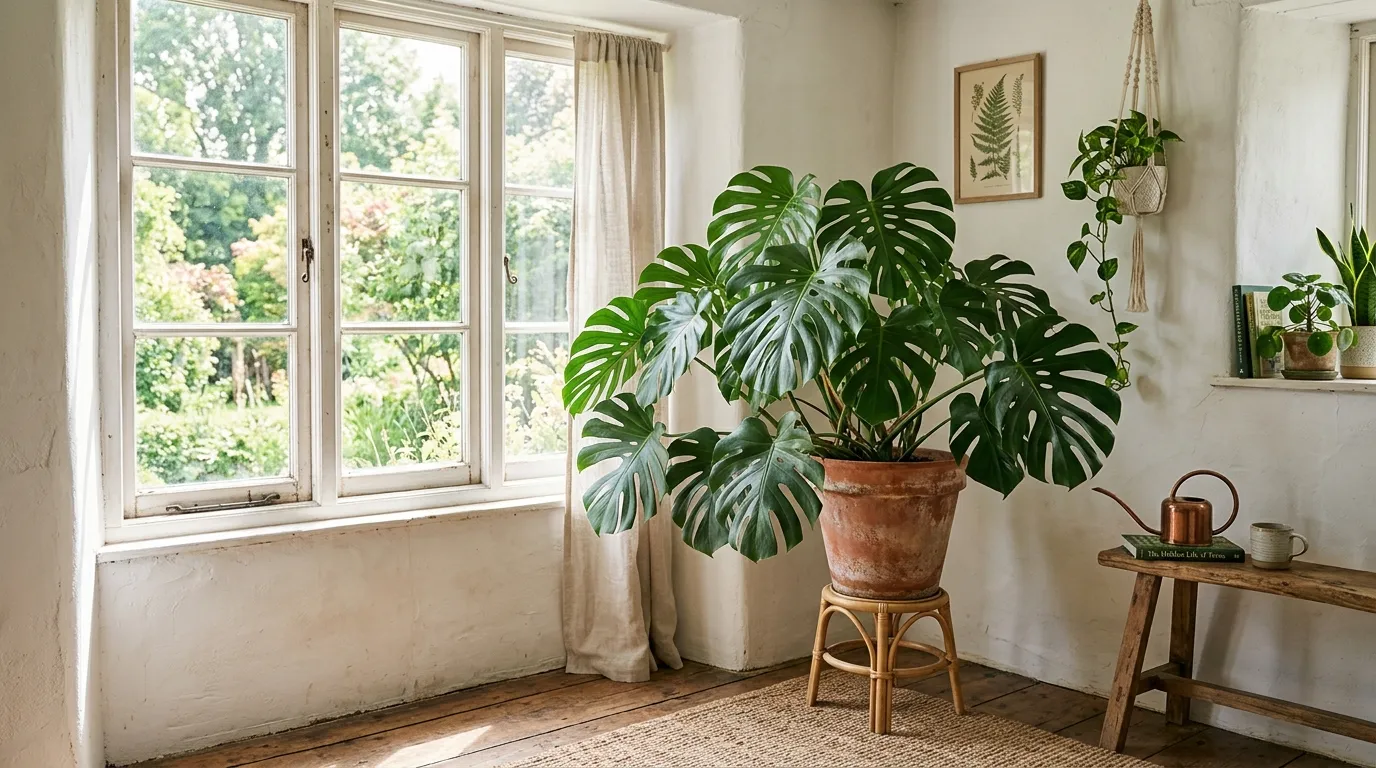 Kitchen breakfast area with hanging pothos and tall floor plant