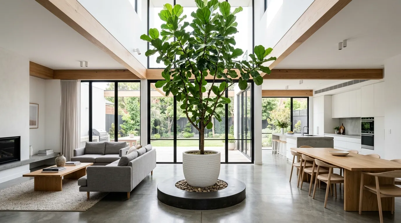 Indoor tree on stair landing with daylight pouring down