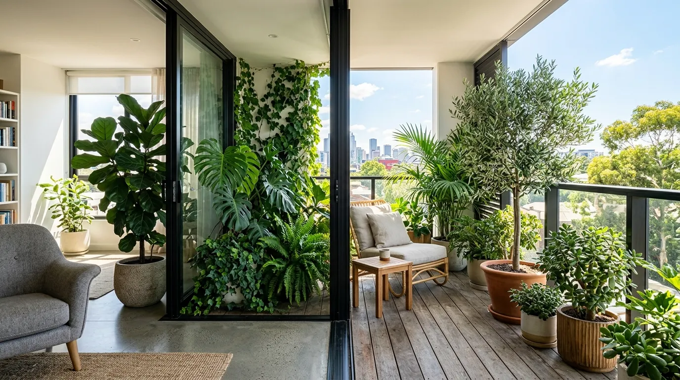 Large eucalyptus stems in floor vessel beside sofa