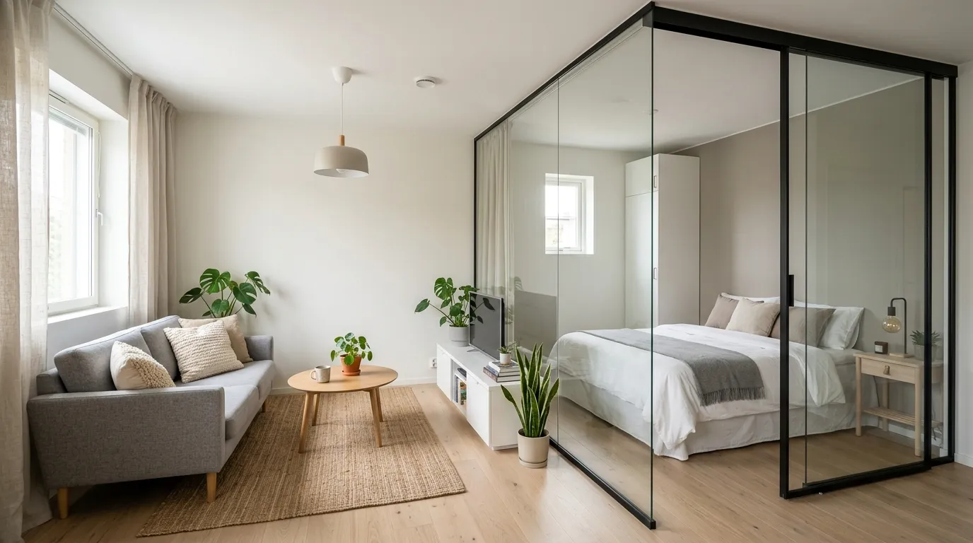 Arched glass divider with slim metal frame and pale plaster walls