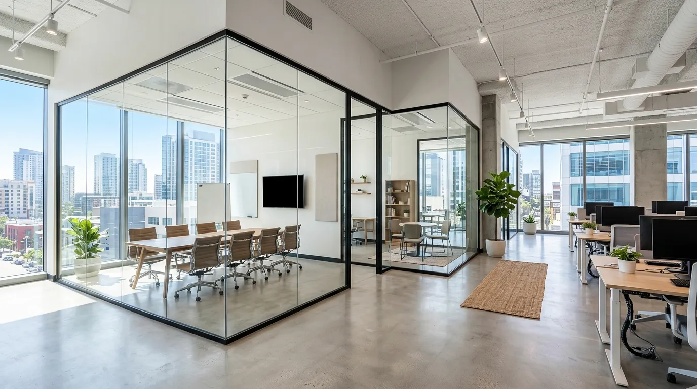 Ribbed glass partition between dining and kitchen