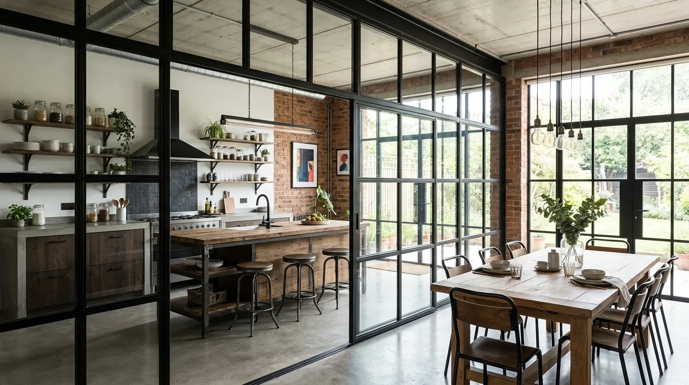 Minimal pale-framed glass partition in Scandinavian interior