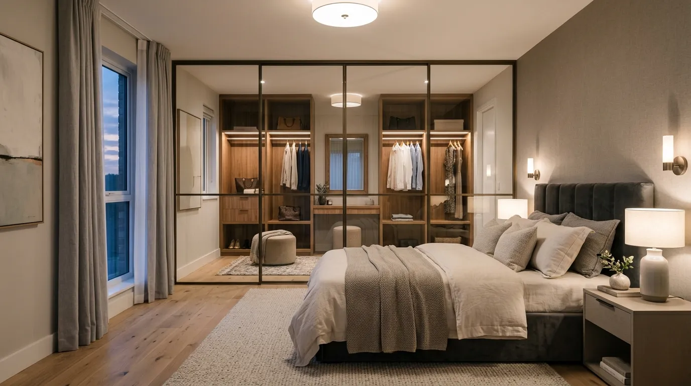 Double-door glass partition to a home office with white trim and oak floors