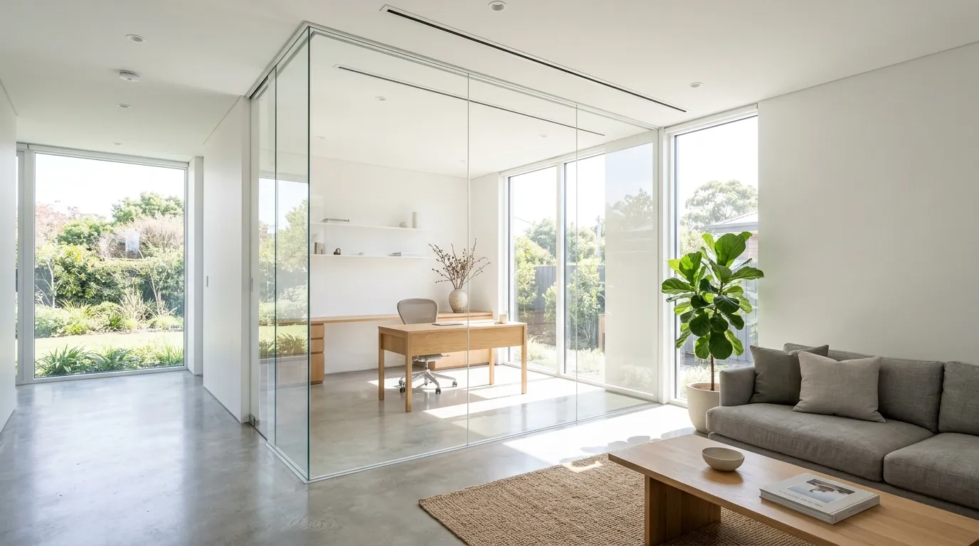 Corner glass enclosure around reading nook with linen chair and paper lamp