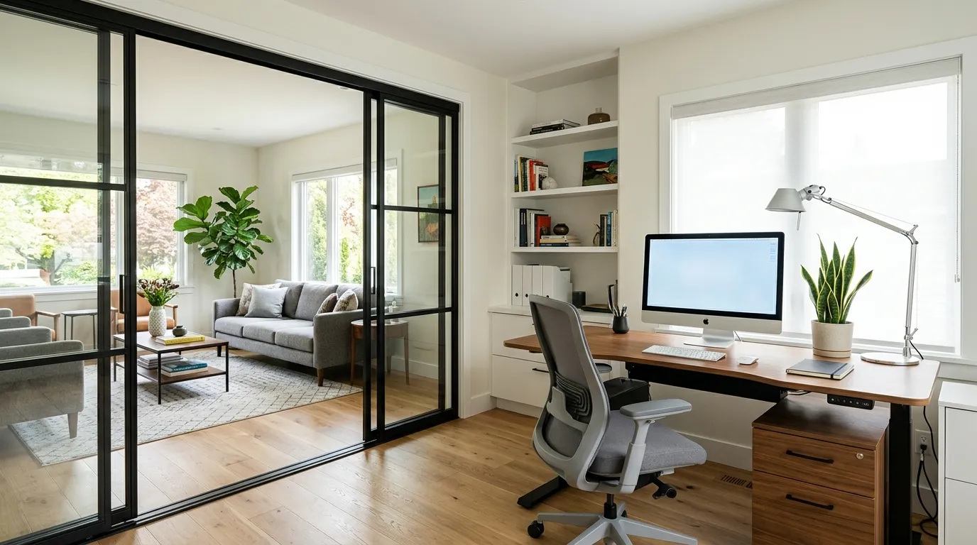 Small apartment with glass partition defining bed from lounge