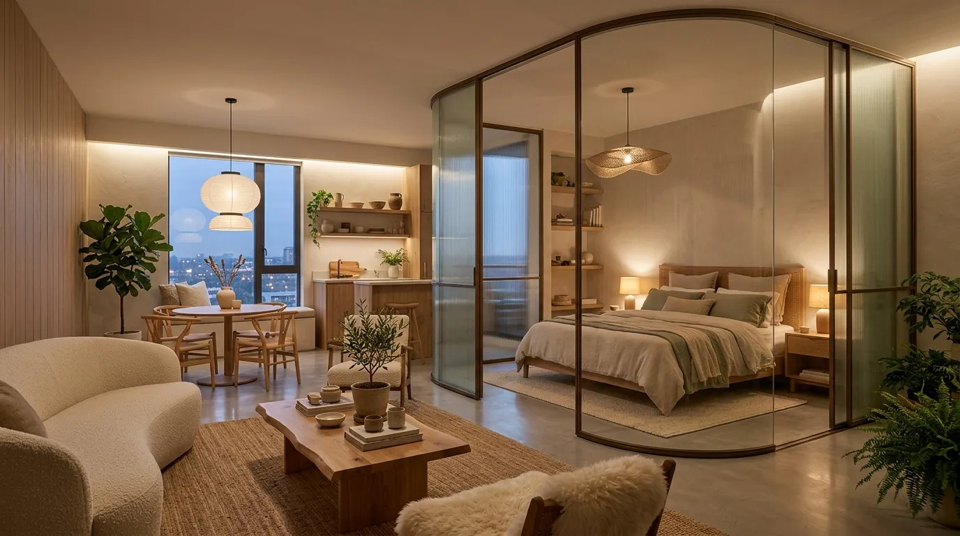 Luxury hallway with full-height glass divider and stone flooring