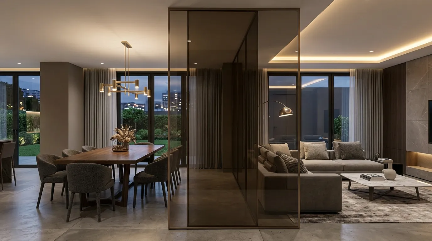 Semi-opaque glass partition in compact loft