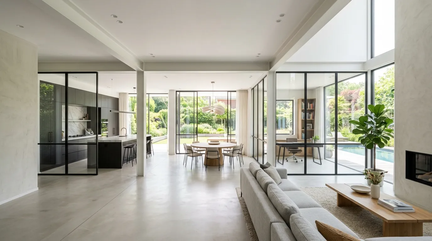 Cinematic glass partition wall with tailored framing