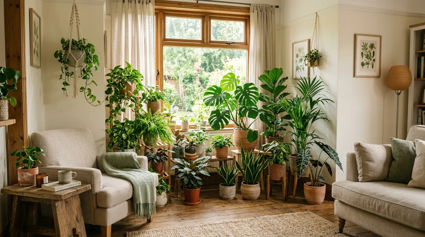 Sunlit room with large indoor tree and plaster walls