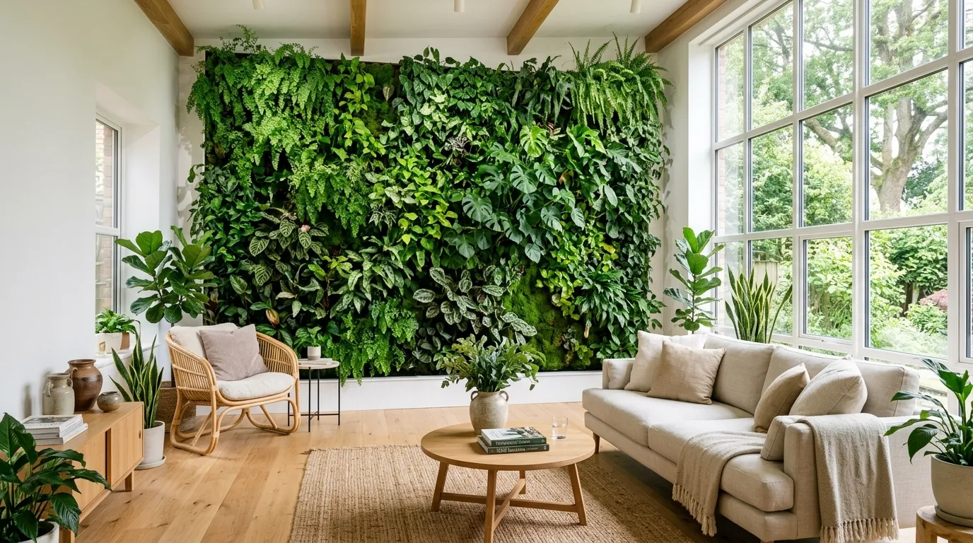 Minimal biophilic room with low seating and one sculptural plant