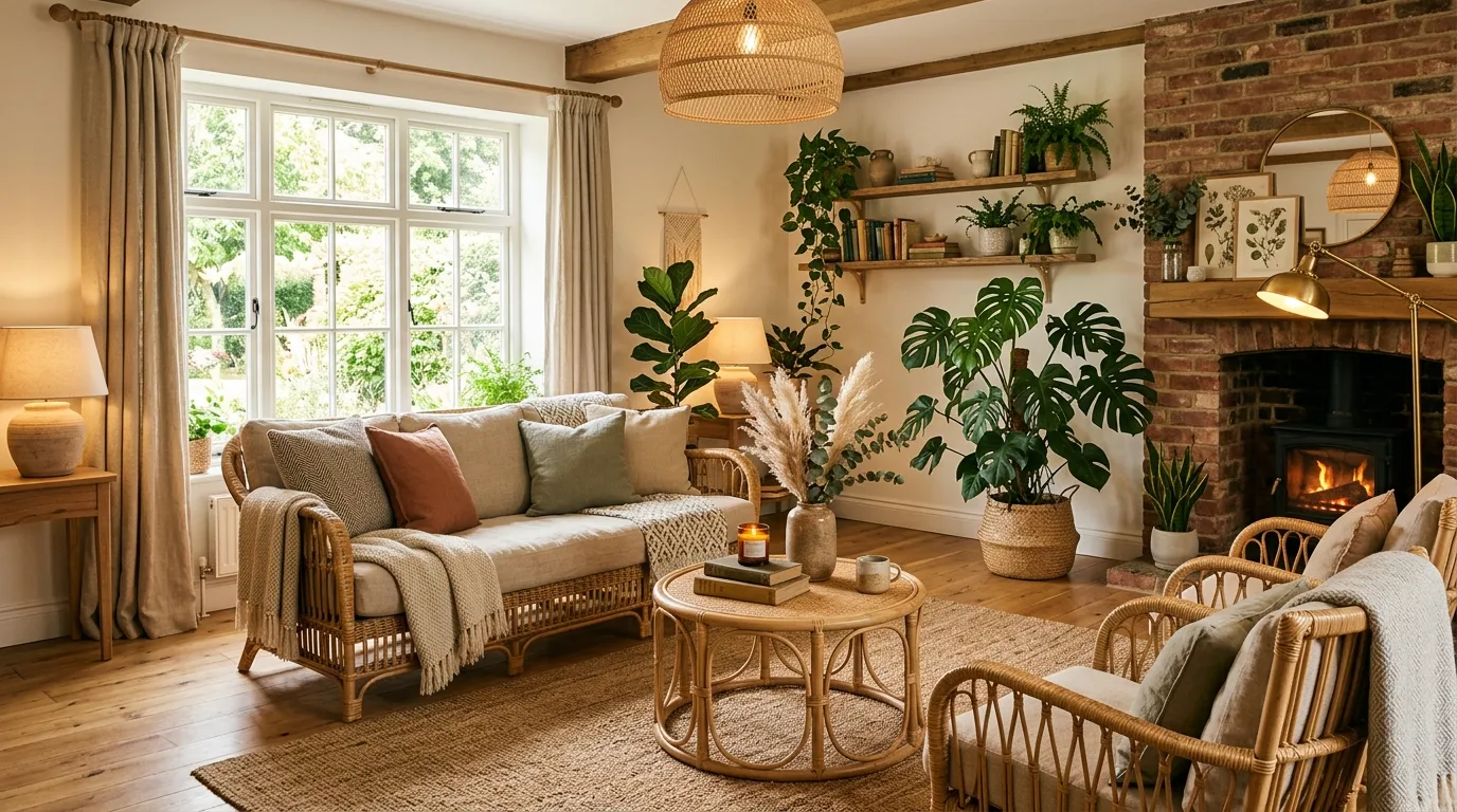 Earth-toned living room with clay accents