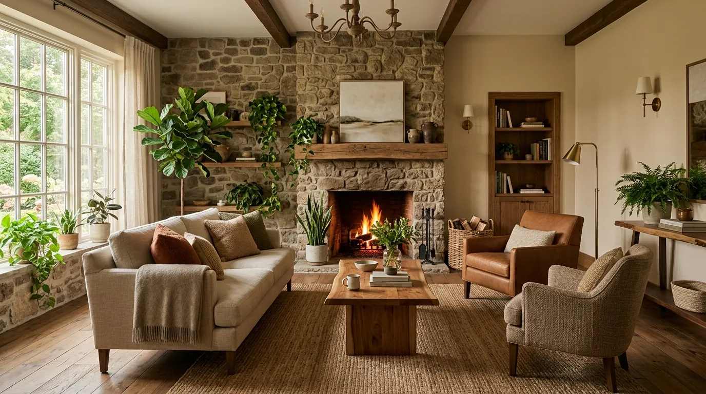 Moody green living room with dark wood and botanical artwork