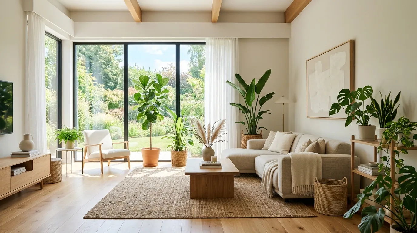 Open-plan living area with natural fiber baskets and layered plants