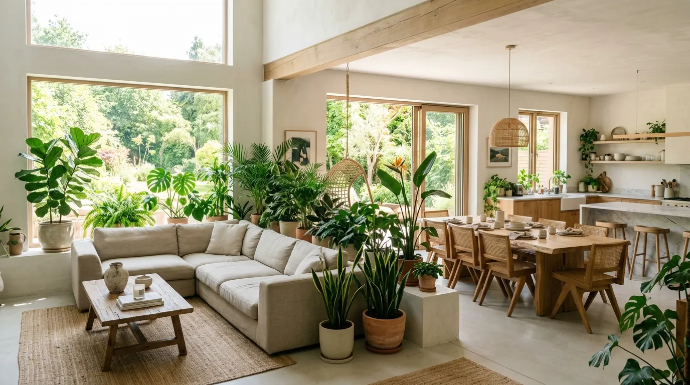 Apartment living room with vertical plant display and pale neutral textiles