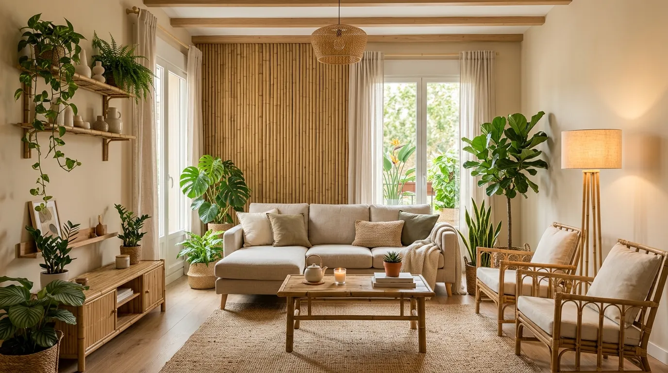 Cinematic biophilic living room with layered greenery
