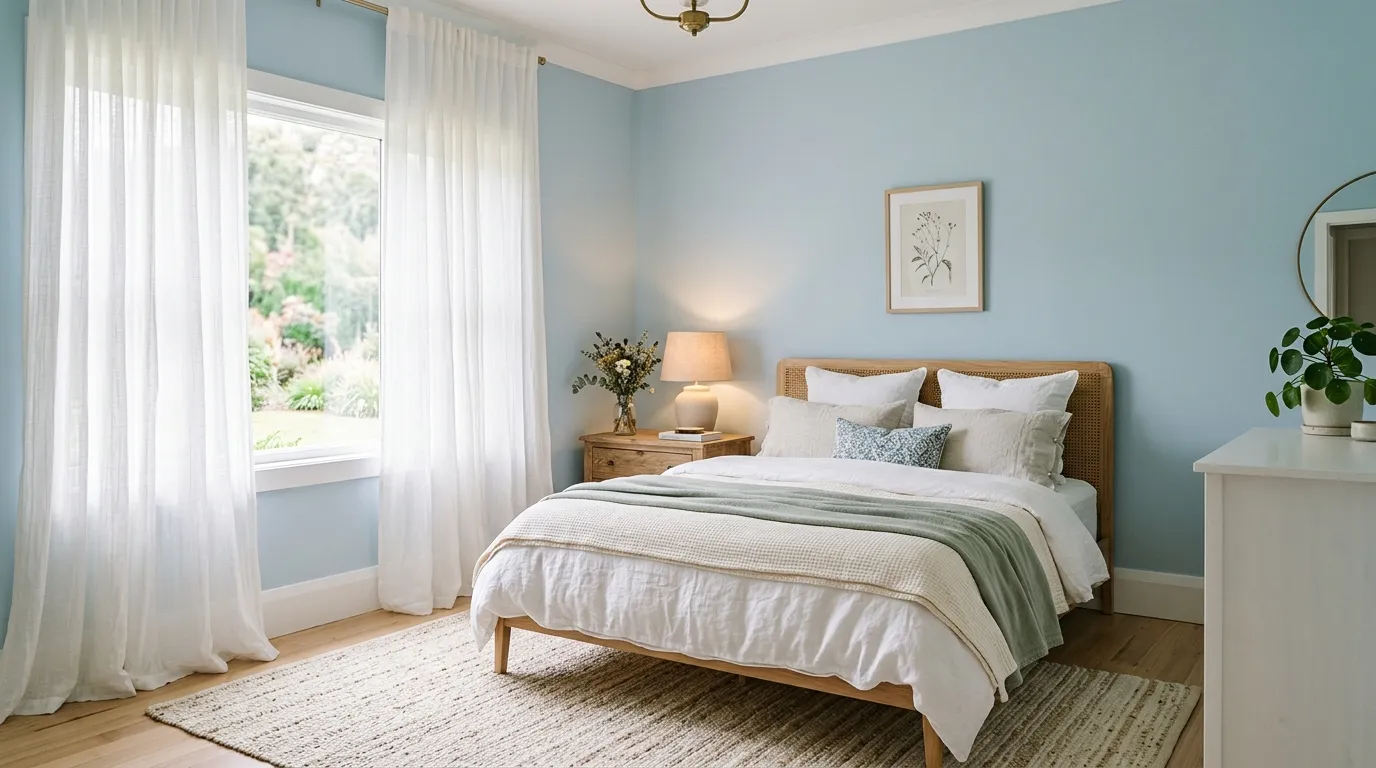 Dusty blue accent wall behind upholstered bed