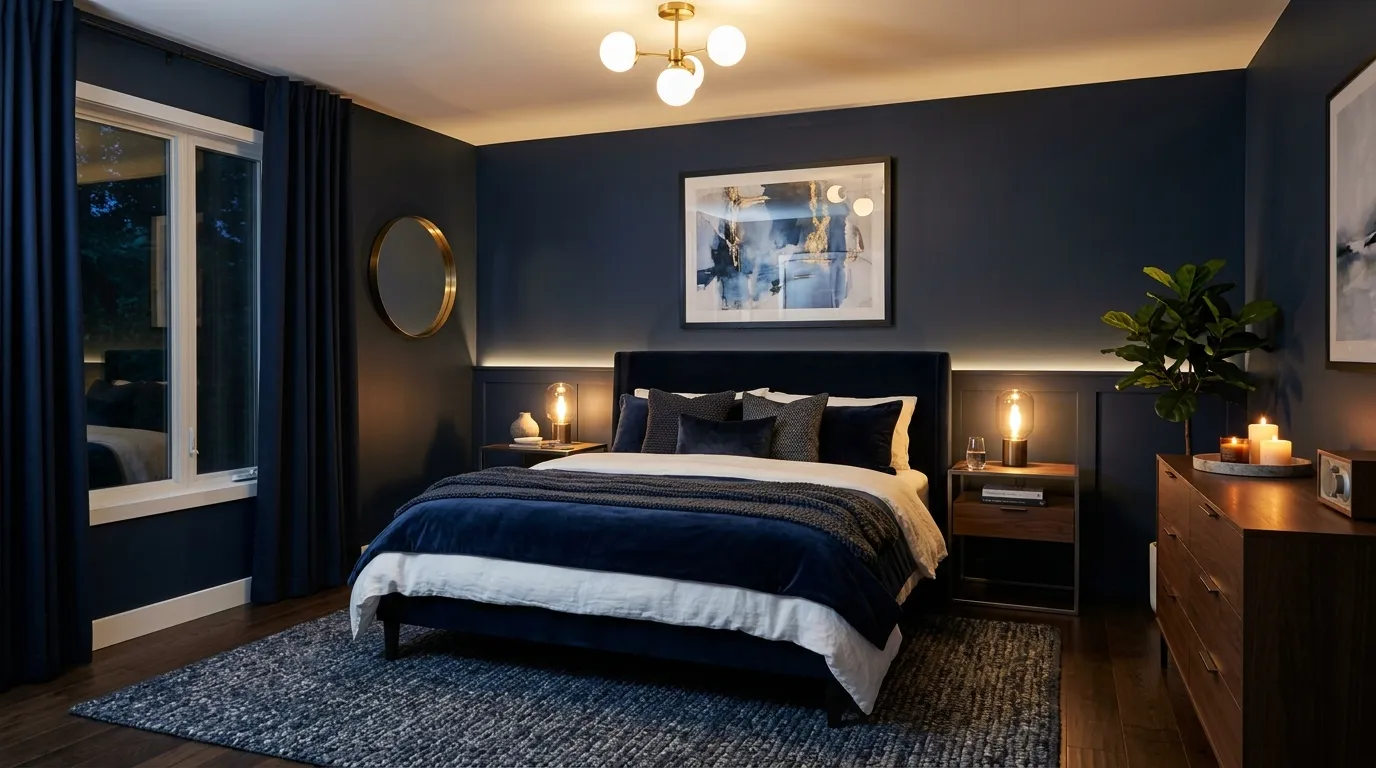 Misty blue bedroom with gauzy curtains and boucle bench