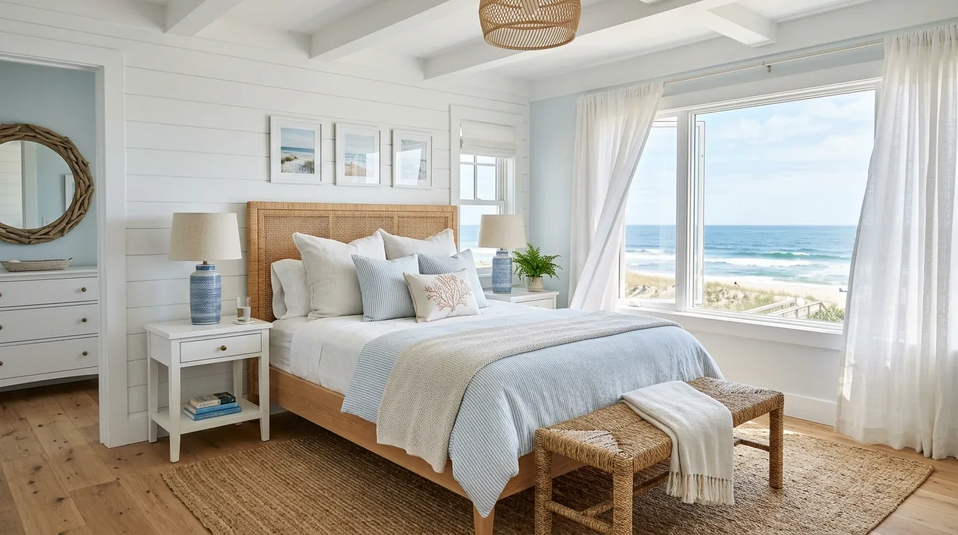 Moody navy bedroom with brass sconces and crisp white bedding