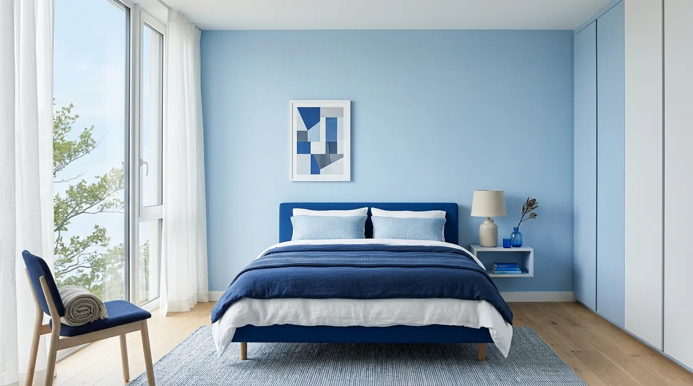 Coastal blue bedroom with striped pillows and pale wood finishes
