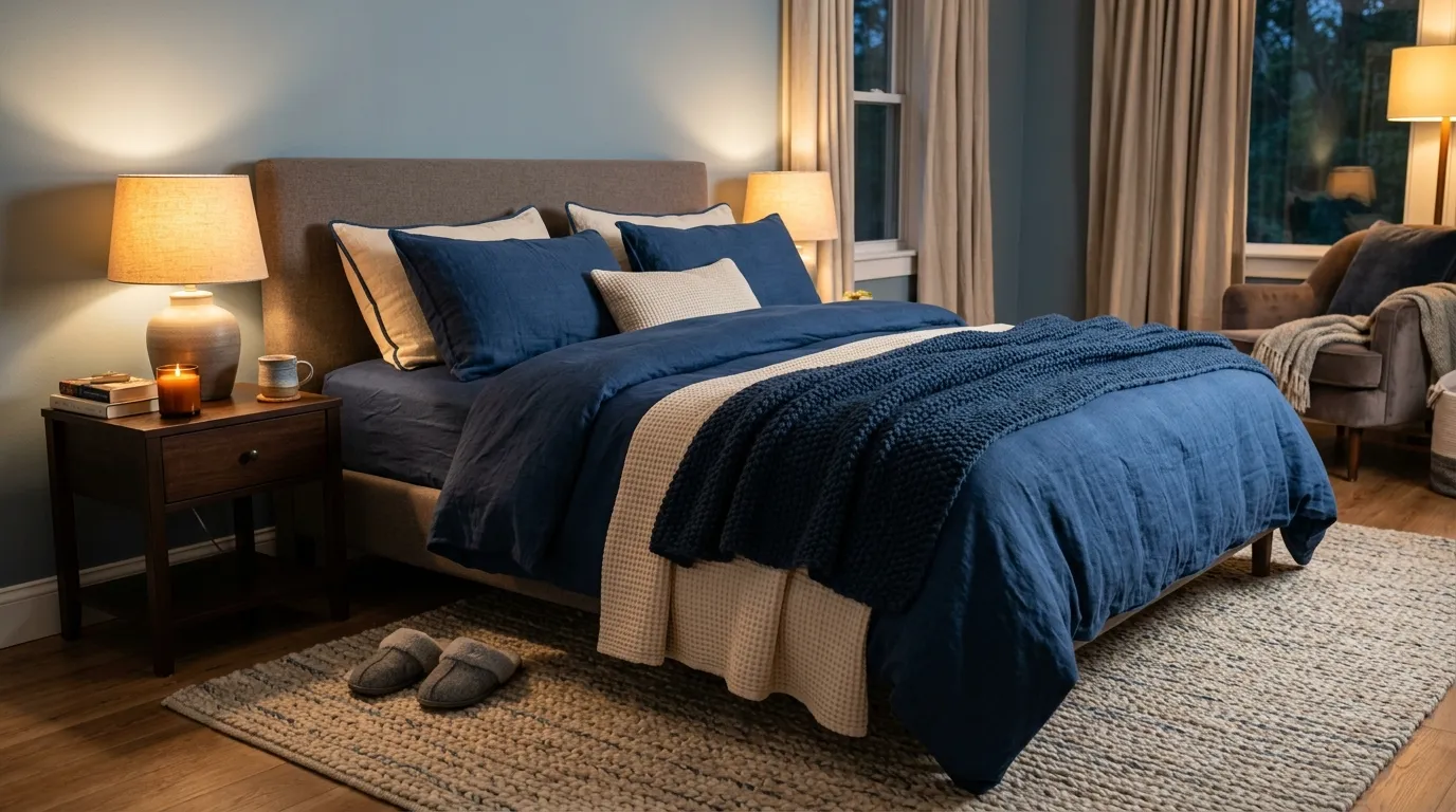 Aesthetic blue room with velvet cushion layers and candlelit glow