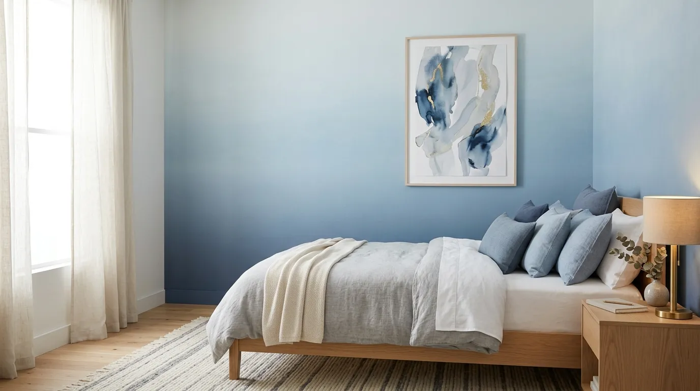 Scandinavian bedroom with blue-gray walls and simple oak furniture