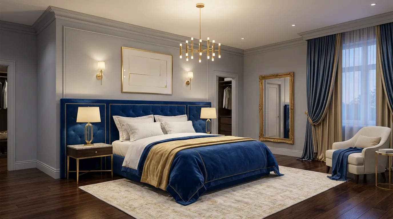 Small bedroom with sky-blue bedding and minimal decor