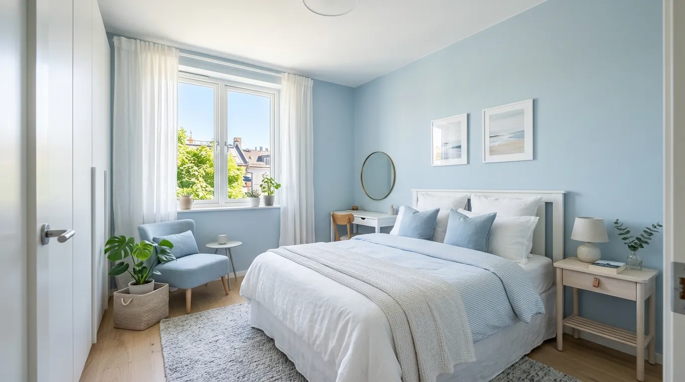Luxury bedroom with paneled blue walls and tufted headboard