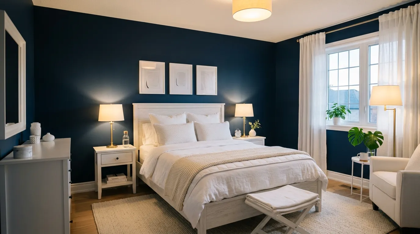 Soft modern bedroom with curved lamp and blue quilted throw