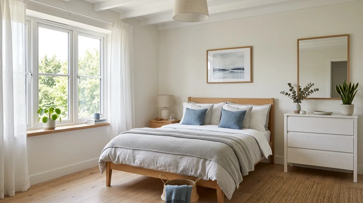 Teen bedroom with watercolor blue palette and layered textured pillows
