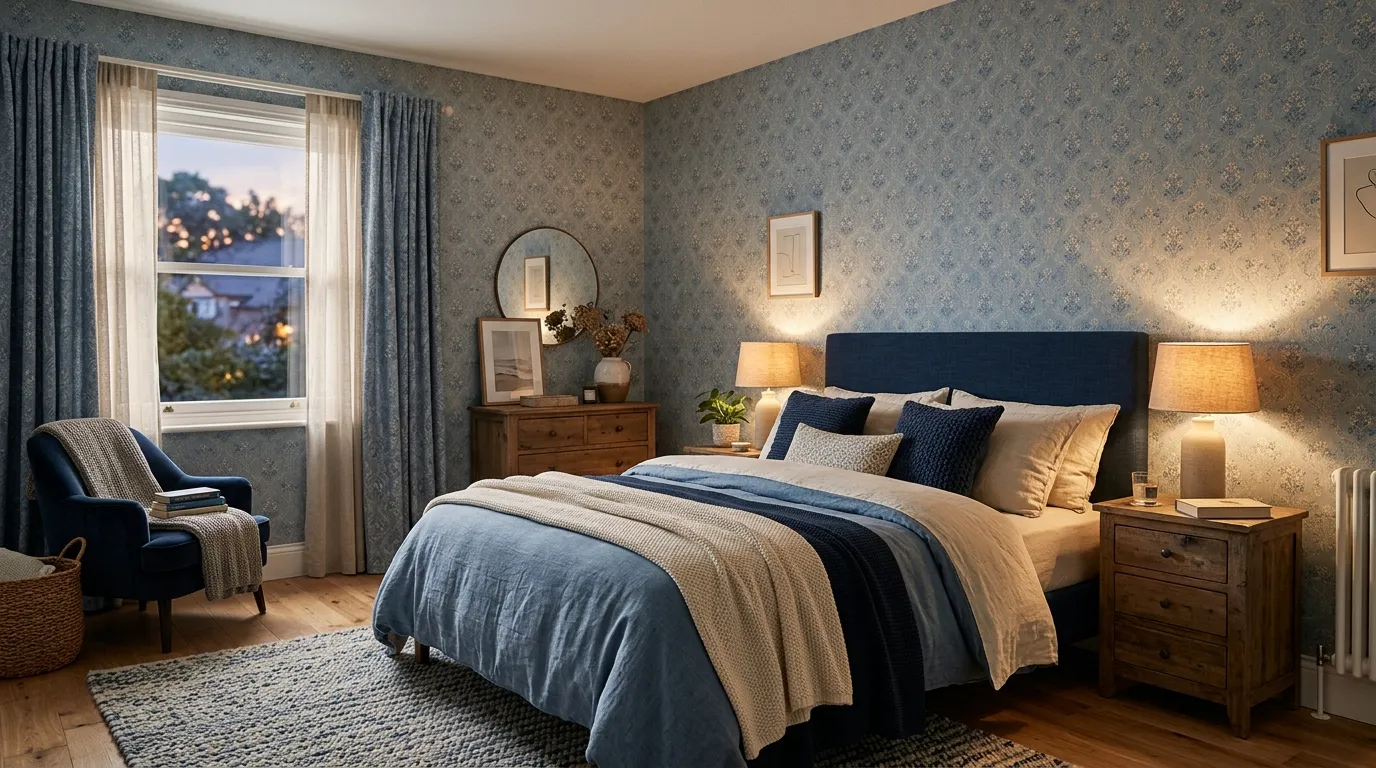 Blue bedroom with reading chair by window and knit blanket