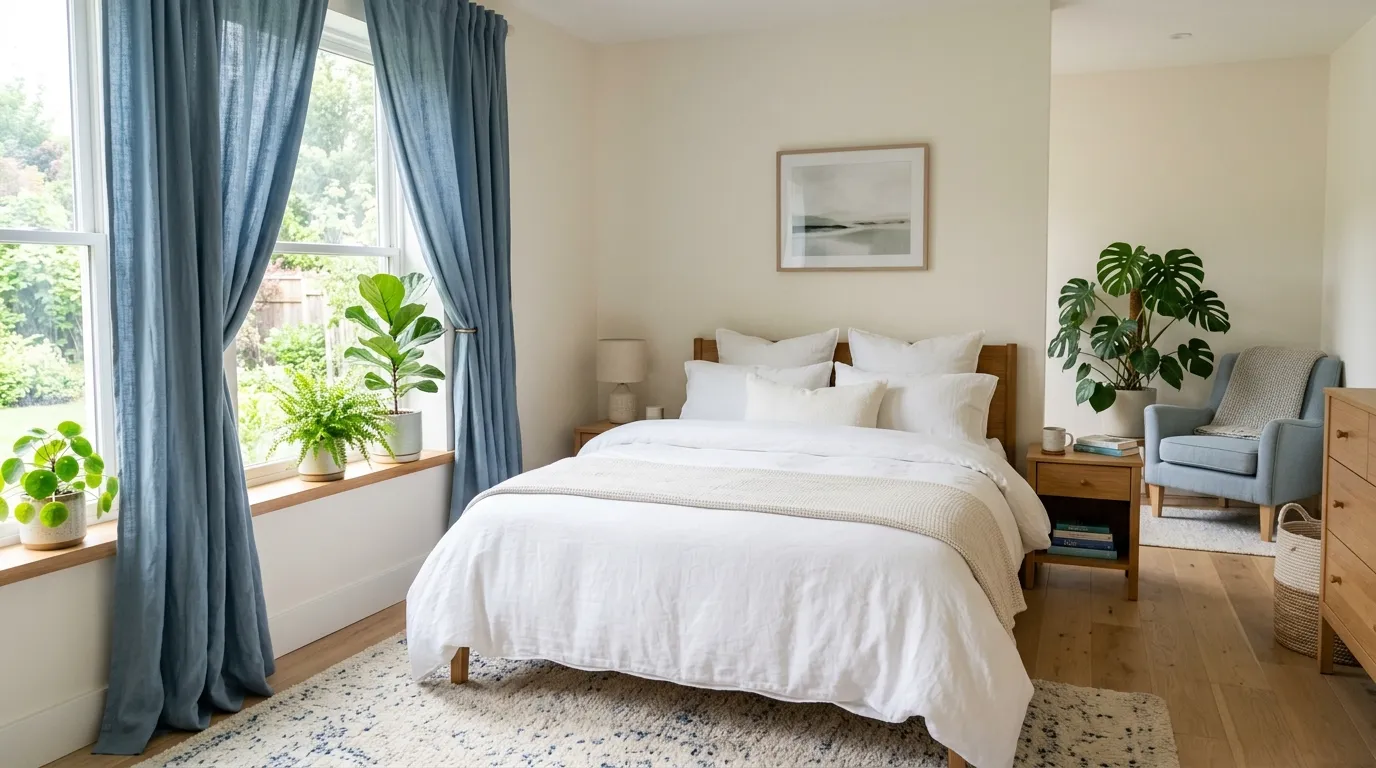 Cinematic blue bedroom with layered tone