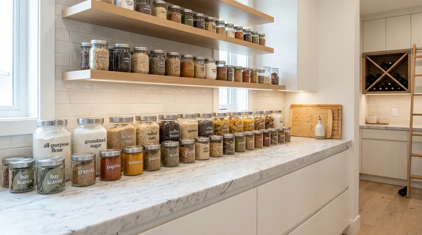 Walk-in pantry with pale oak shelves and integrated strip lighting