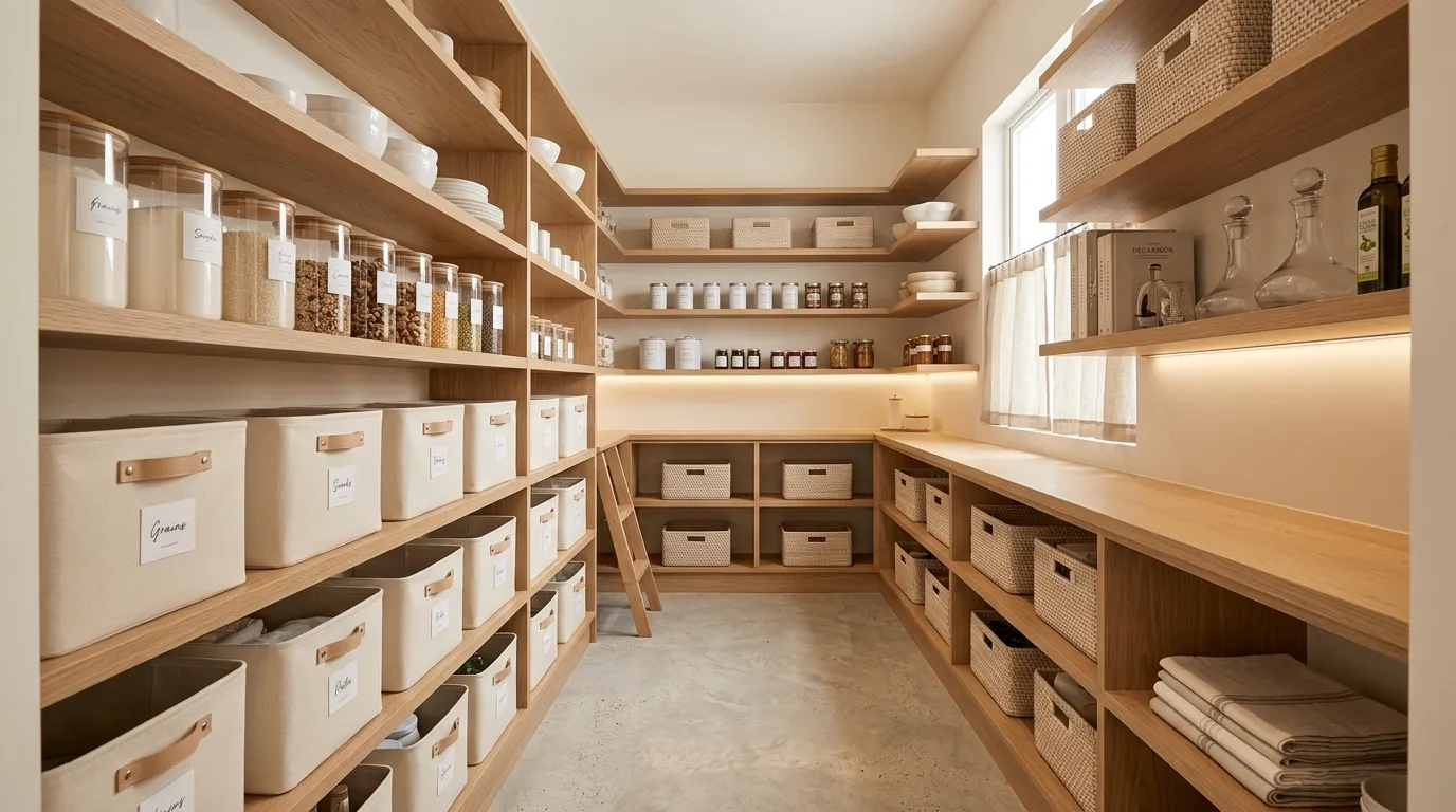 Minimal pantry with stone counter niche for appliances and closed drawers below