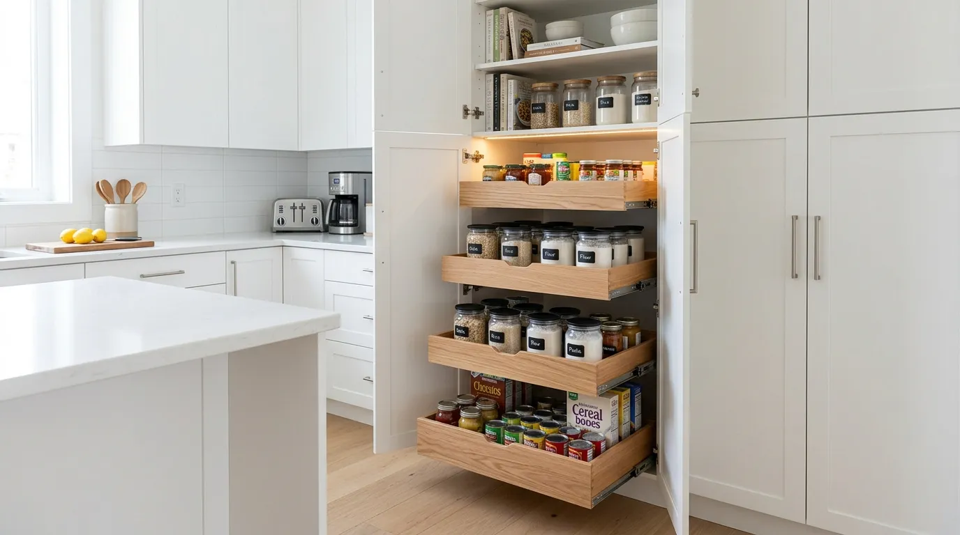 Pantry with matching matte canisters and subtle labels