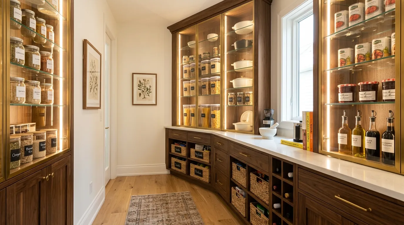 Tall shelving pantry with rolling ladder and warm neutral palette