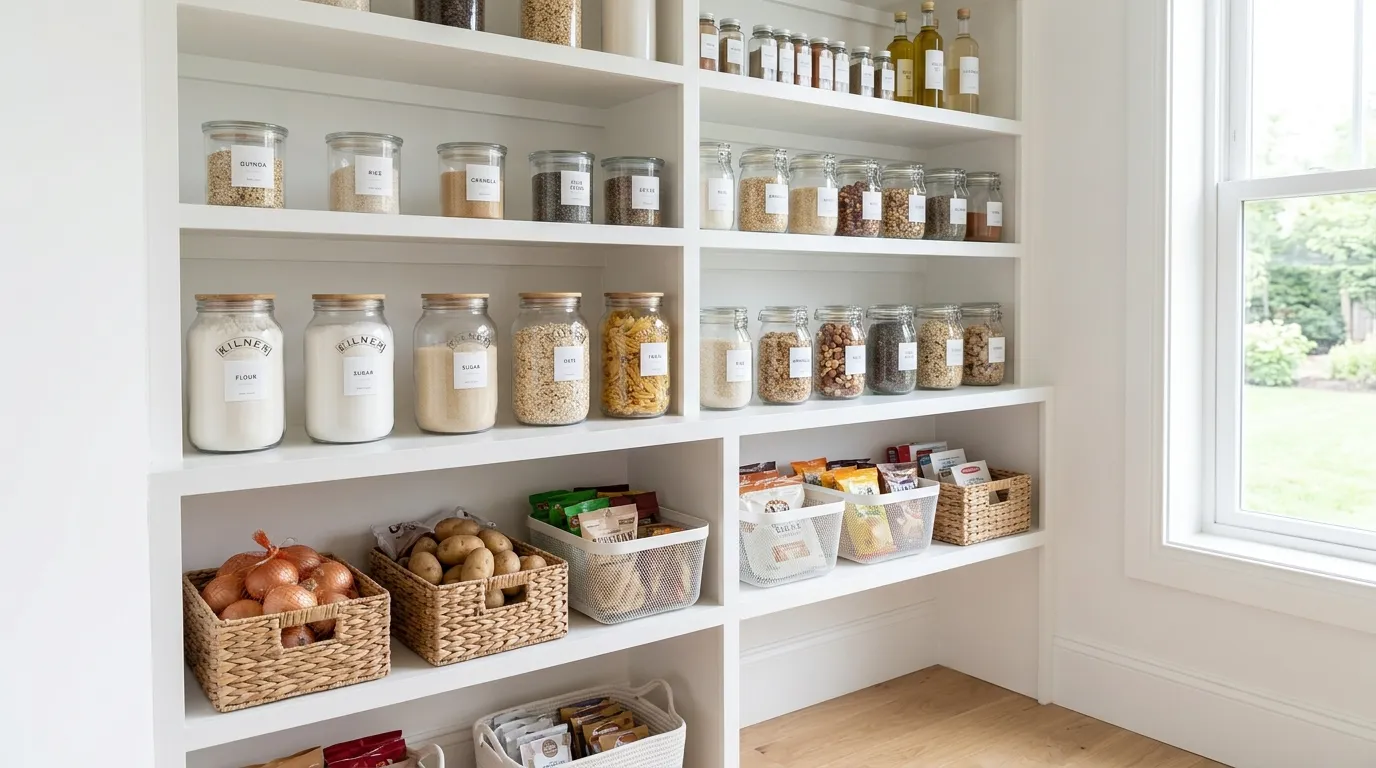 Compact pantry closet with pull-out drawers and uniform baskets