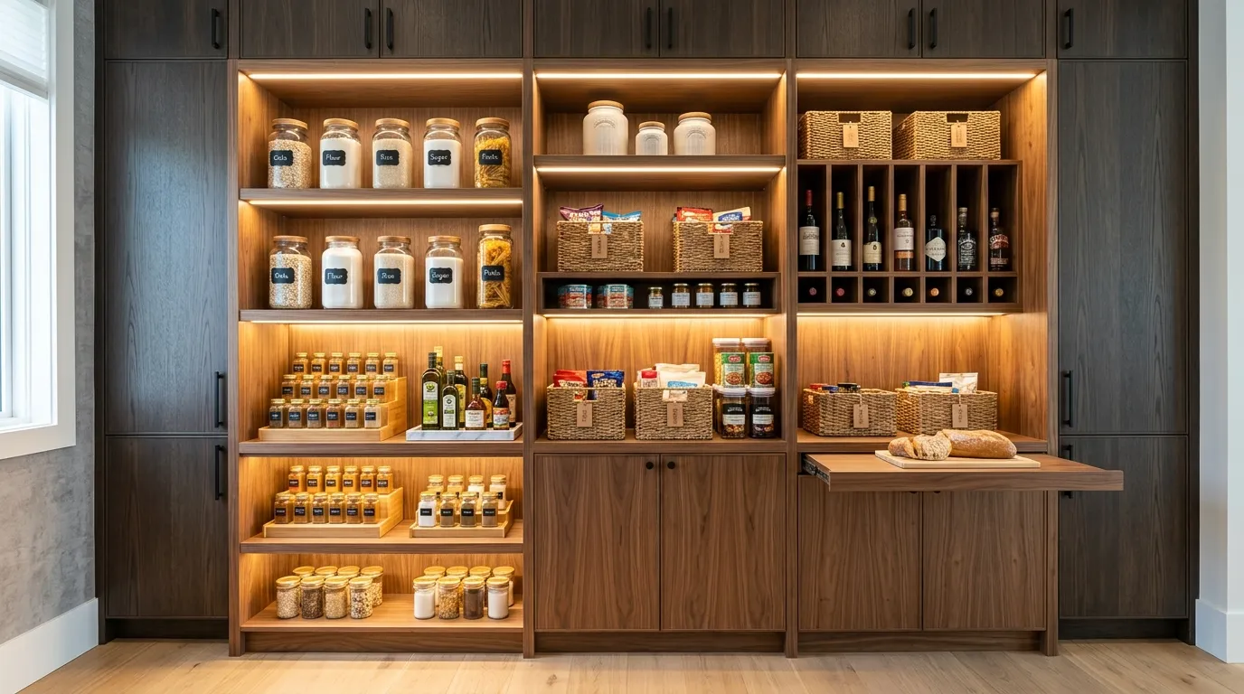 Scandinavian pantry with pale wood