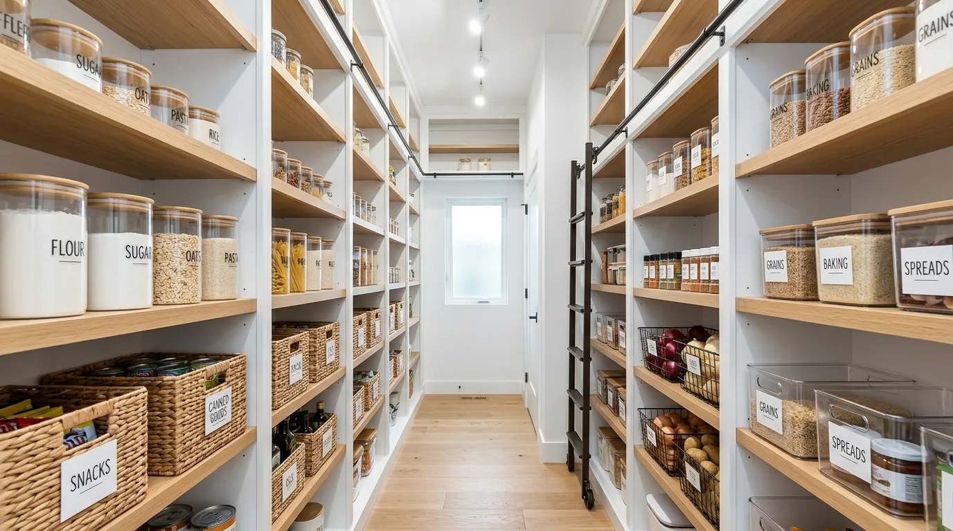 Dark moody pantry with warm lighting and brass hardware