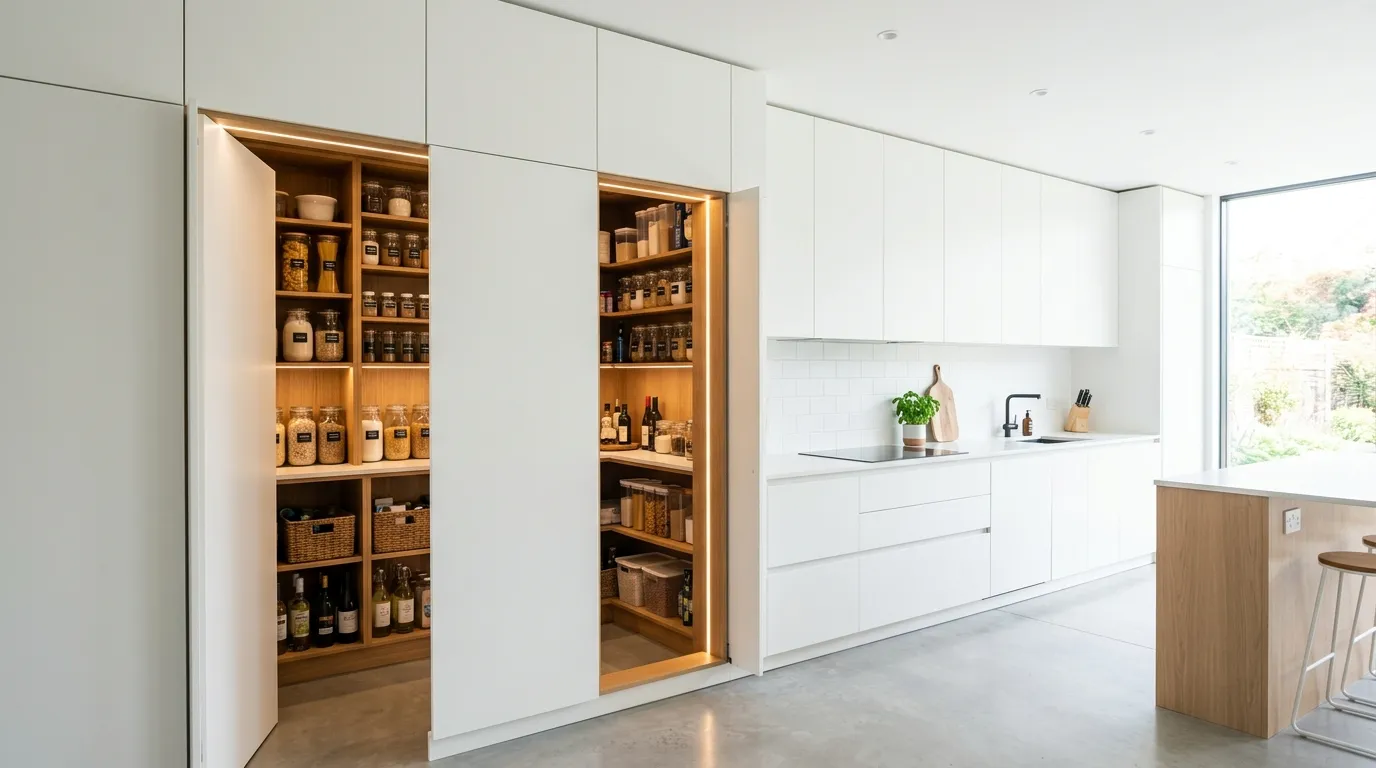 Minimalist pantry with open shelving above and concealed lower cabinetry