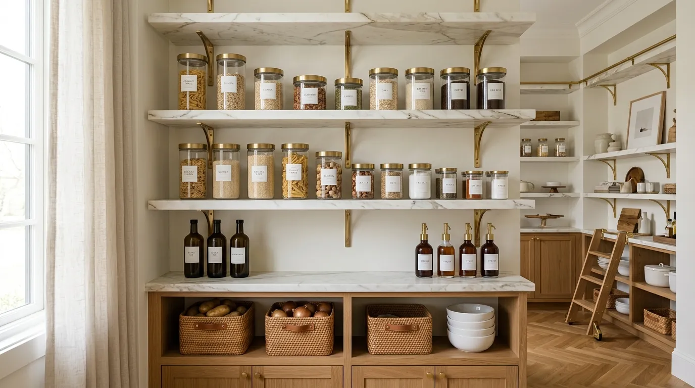 Pantry wall with built-in spice storage and slim drawers