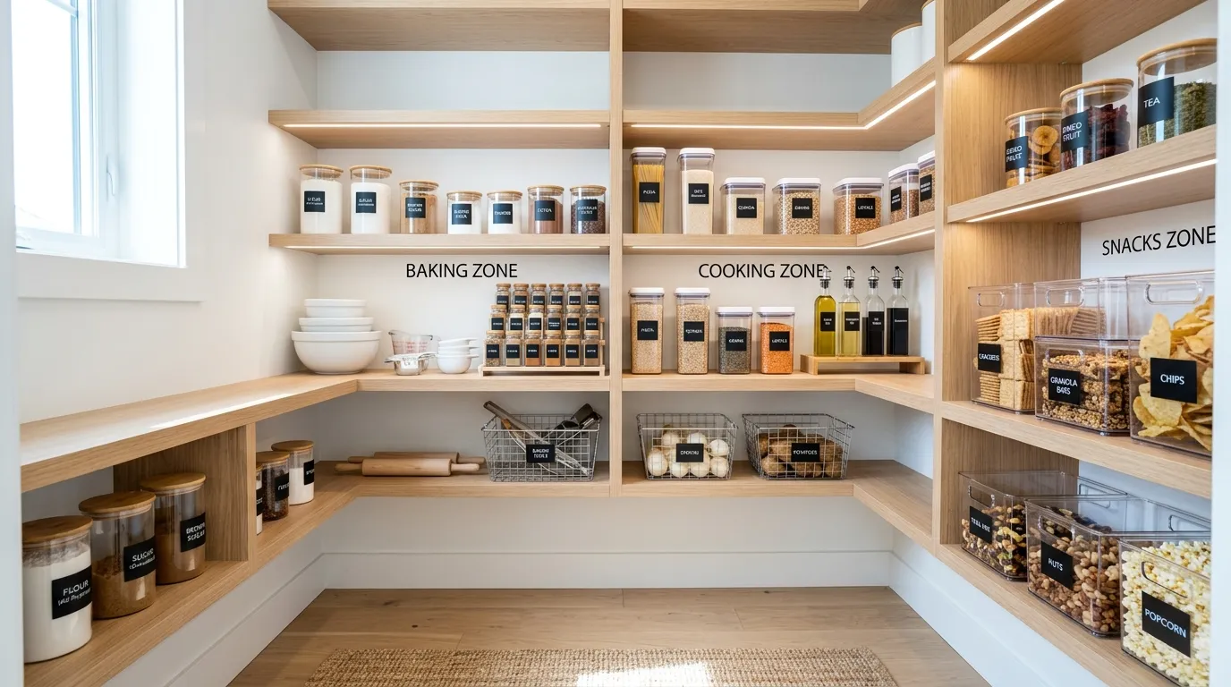 Stone-backed pantry with wooden crates and ribbed glass doors
